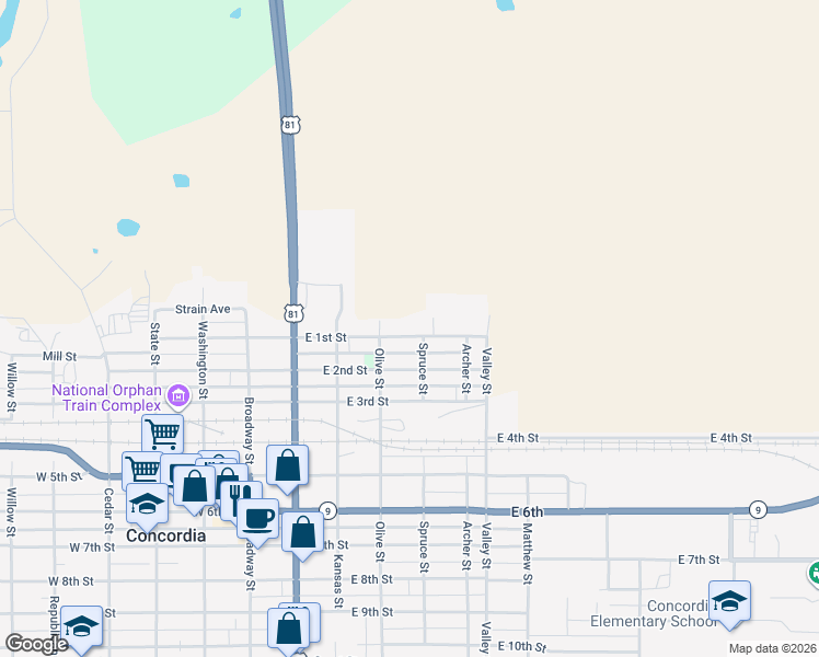 map of restaurants, bars, coffee shops, grocery stores, and more near 431 East 1st Street in Concordia