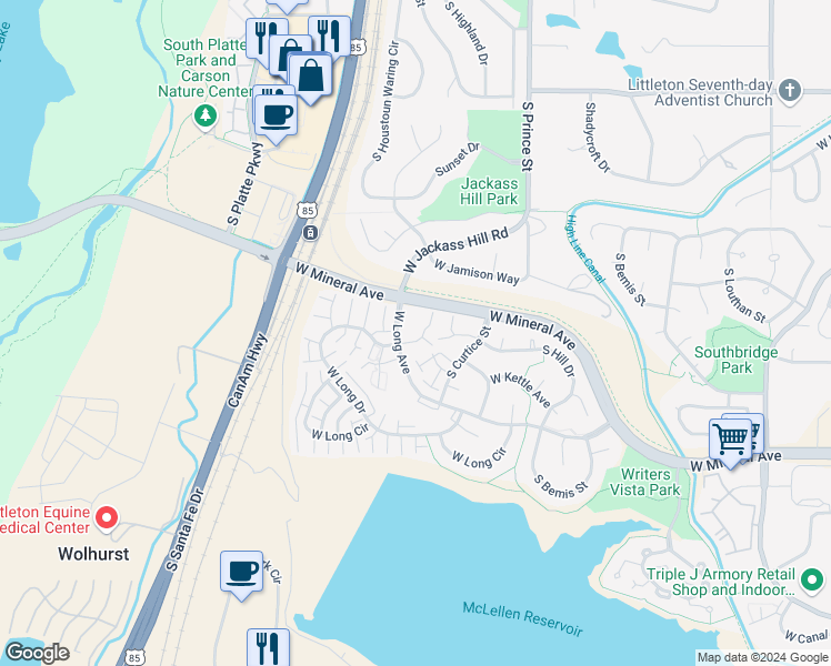 map of restaurants, bars, coffee shops, grocery stores, and more near 2773 West Long Drive in Littleton