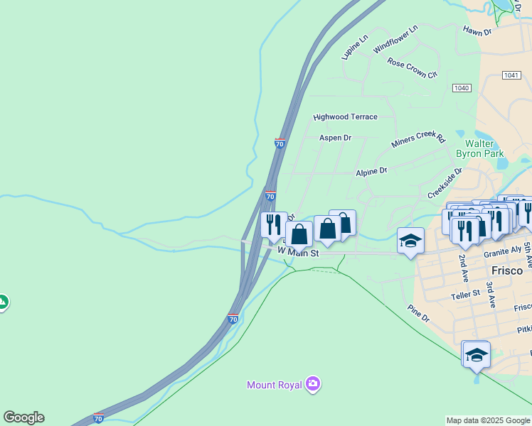map of restaurants, bars, coffee shops, grocery stores, and more near Interstate 70 in Frisco