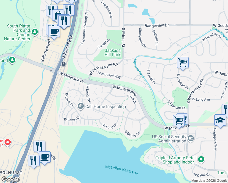 map of restaurants, bars, coffee shops, grocery stores, and more near in Littleton