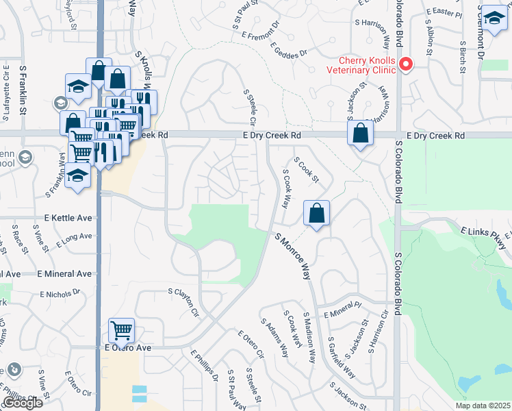 map of restaurants, bars, coffee shops, grocery stores, and more near 7661 South Steele Street in Centennial