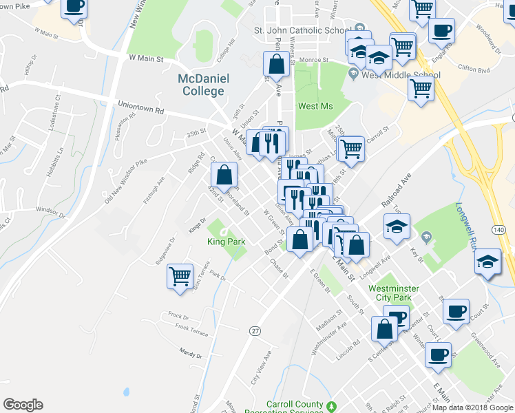 map of restaurants, bars, coffee shops, grocery stores, and more near 57 West Green Street in Westminster