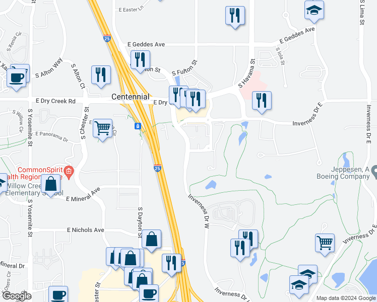 map of restaurants, bars, coffee shops, grocery stores, and more near 198 Inverness Boulevard in Englewood