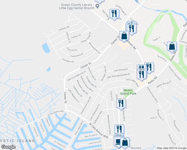 map of restaurants, bars, coffee shops, grocery stores, and more near 2 Saratoga Lake Drive in Tuckerton