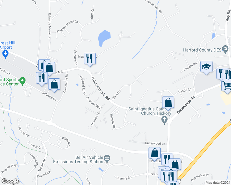 map of restaurants, bars, coffee shops, grocery stores, and more near 2404 Dixie Lane in Forest Hill