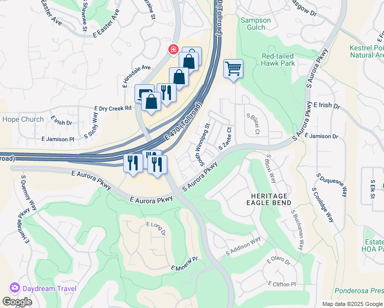 map of restaurants, bars, coffee shops, grocery stores, and more near 7658 South Zante Court in Aurora