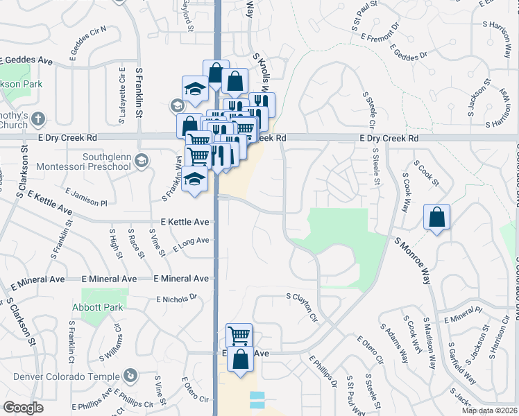 map of restaurants, bars, coffee shops, grocery stores, and more near 2707 East Jamison Avenue in Centennial