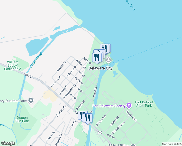 map of restaurants, bars, coffee shops, grocery stores, and more near 123 Washington Street in Delaware City