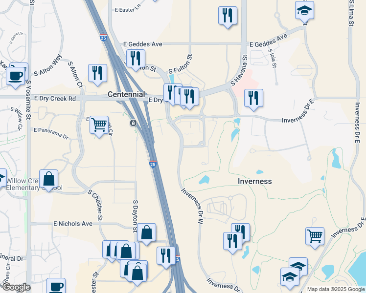 map of restaurants, bars, coffee shops, grocery stores, and more near 198 Inverness Boulevard in Englewood