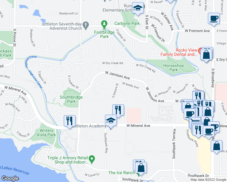 map of restaurants, bars, coffee shops, grocery stores, and more near 7964 South Cedar Circle in Littleton