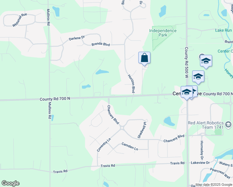 map of restaurants, bars, coffee shops, grocery stores, and more near 5404 County Road 700 North in Greenwood