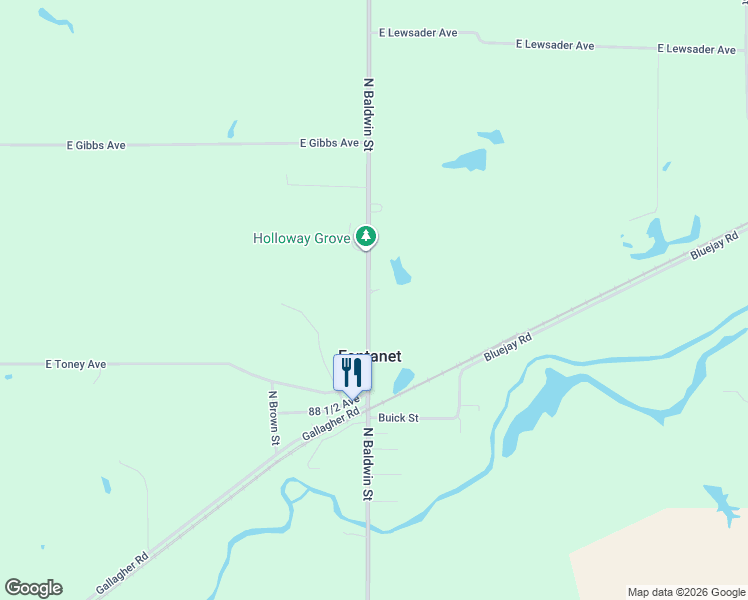 map of restaurants, bars, coffee shops, grocery stores, and more near 9173 North Baldwin Street in Fontanet