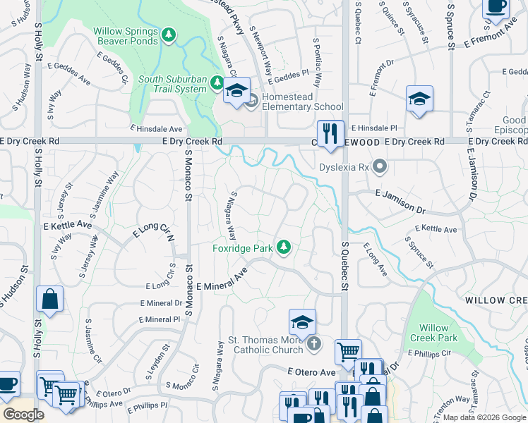 map of restaurants, bars, coffee shops, grocery stores, and more near 7773 South Oneida Court in Centennial