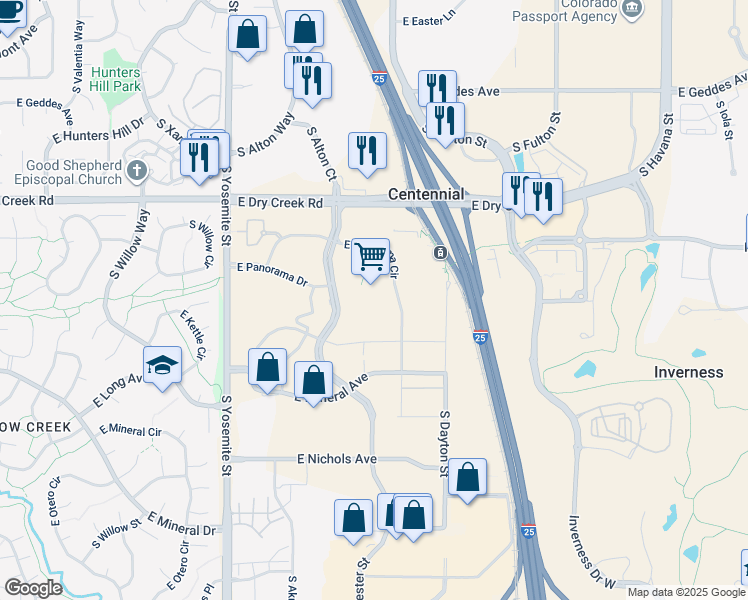 map of restaurants, bars, coffee shops, grocery stores, and more near 7670 South Chester Street in Englewood