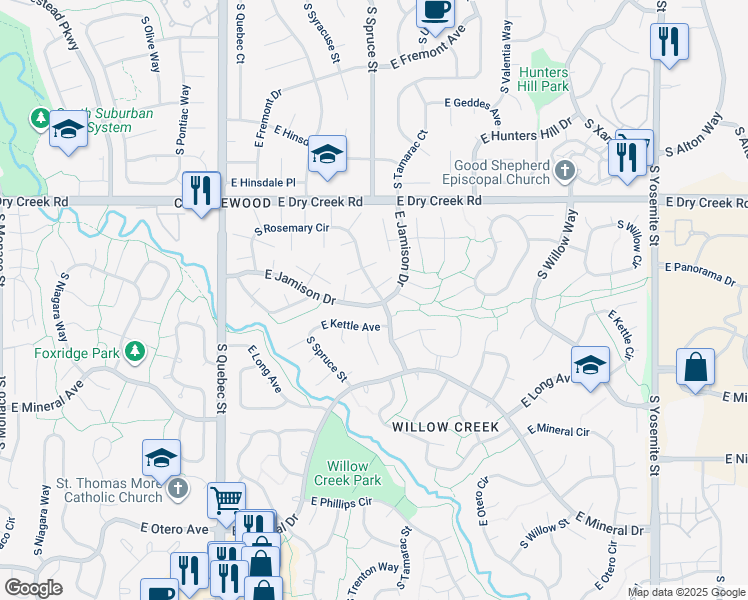 map of restaurants, bars, coffee shops, grocery stores, and more near 7661 S Rosemary Cir in Centennial