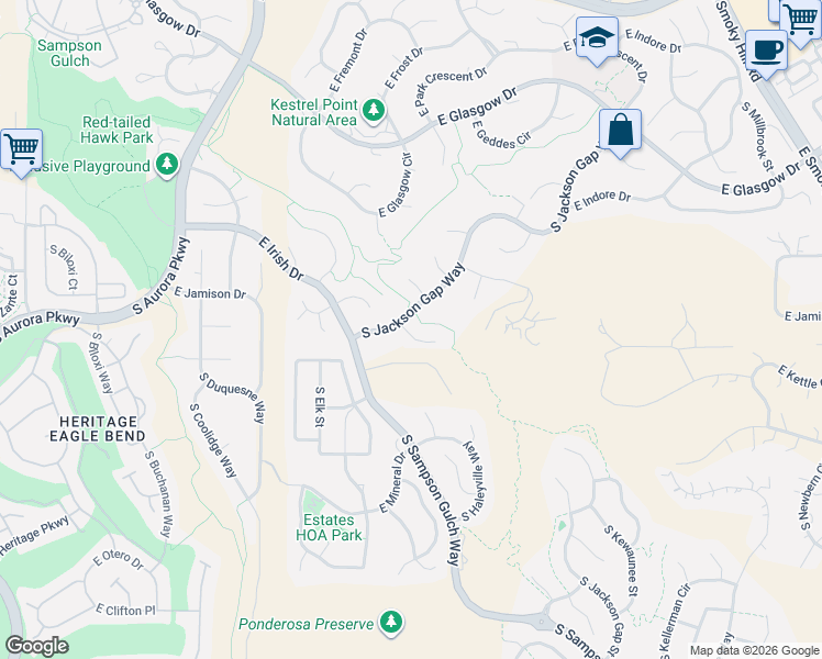 map of restaurants, bars, coffee shops, grocery stores, and more near 24619 East Moraine Place in Aurora