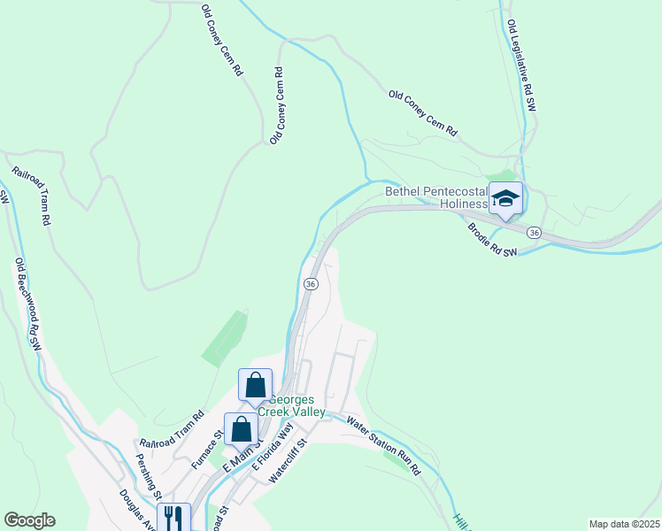 map of restaurants, bars, coffee shops, grocery stores, and more near 15710 Rockville Street Southwest in Lonaconing