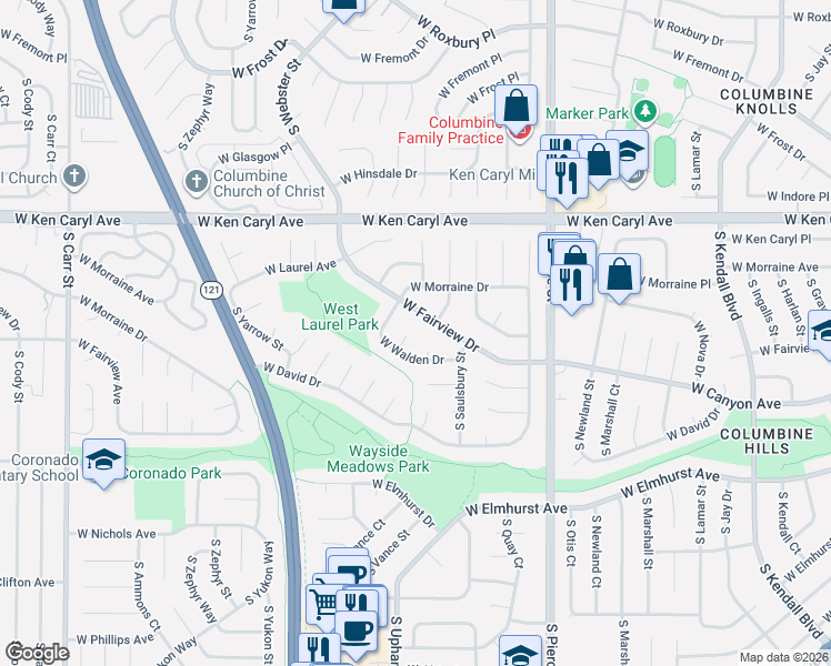 map of restaurants, bars, coffee shops, grocery stores, and more near 7750 South Upham Street in Littleton