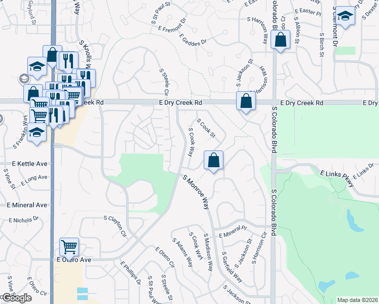 map of restaurants, bars, coffee shops, grocery stores, and more near 7635 South Cook Way in Centennial