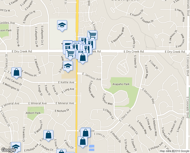 map of restaurants, bars, coffee shops, grocery stores, and more near 2707 East Jamison Avenue in Centennial
