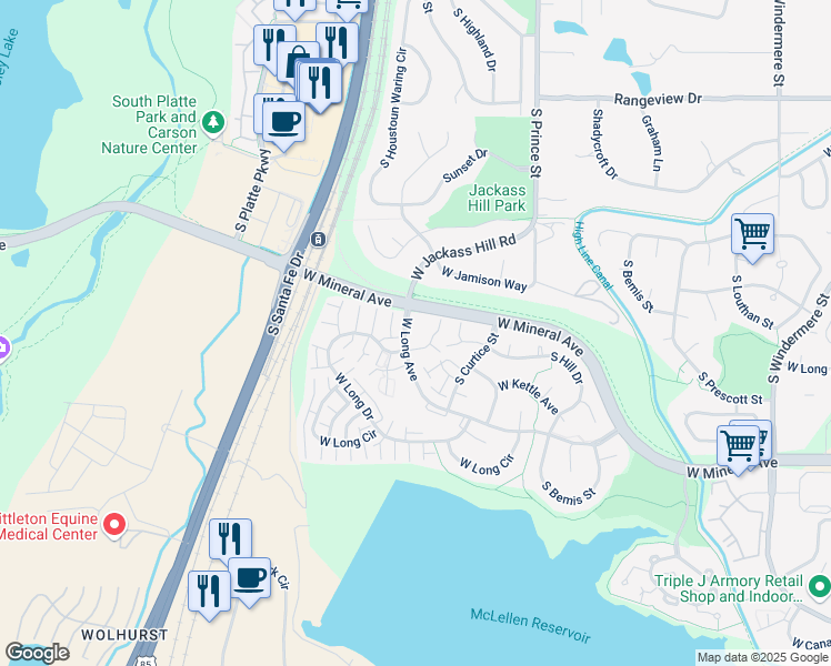 map of restaurants, bars, coffee shops, grocery stores, and more near 2773 West Long Drive in Littleton