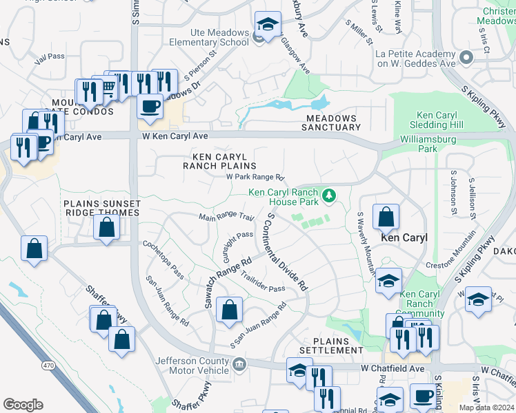 map of restaurants, bars, coffee shops, grocery stores, and more near 7627 Snowmass Mountain in Littleton