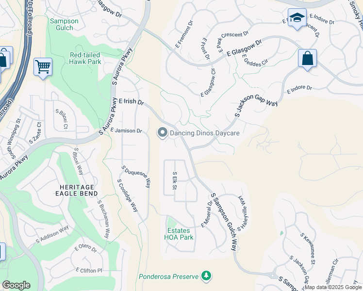 map of restaurants, bars, coffee shops, grocery stores, and more near 7674 South Eaton Park Way in Aurora