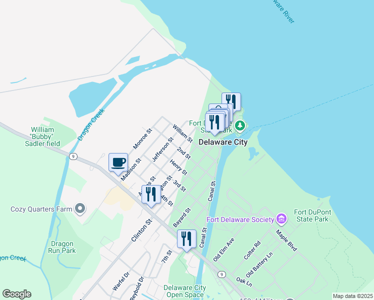 map of restaurants, bars, coffee shops, grocery stores, and more near 604 2nd Street in Delaware City