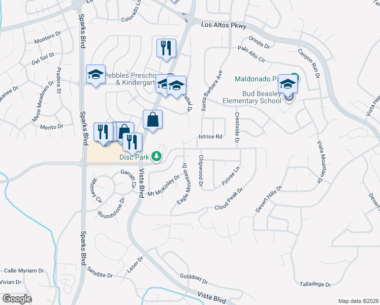 map of restaurants, bars, coffee shops, grocery stores, and more near 4594 Gannet Peak Circle in Sparks