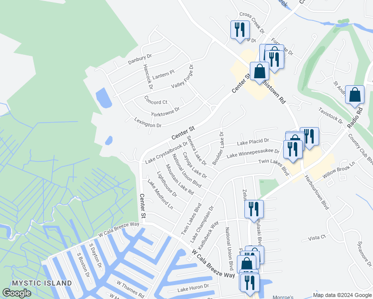 map of restaurants, bars, coffee shops, grocery stores, and more near 126 Cayuga Lake Drive in Ocean County