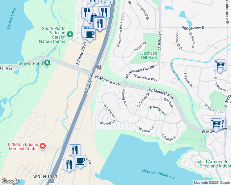map of restaurants, bars, coffee shops, grocery stores, and more near 2998 West Long Drive in Littleton