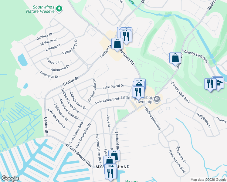 map of restaurants, bars, coffee shops, grocery stores, and more near 118 Lake Winnepesaukee Drive in Little Egg Harbor Township