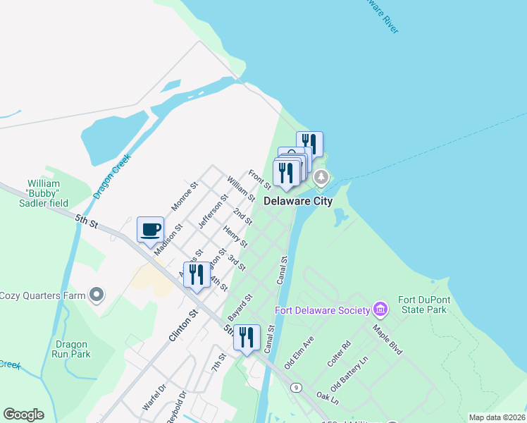 map of restaurants, bars, coffee shops, grocery stores, and more near 123 Washington Street in Delaware City