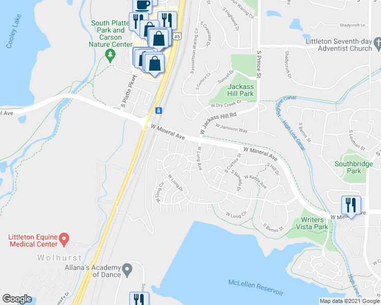 map of restaurants, bars, coffee shops, grocery stores, and more near 3002 West Long Drive in Littleton