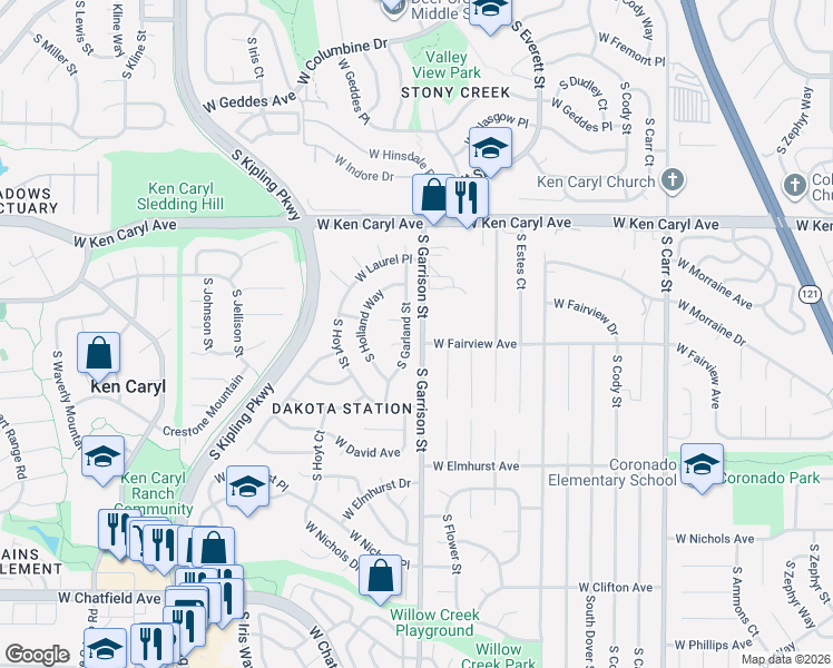map of restaurants, bars, coffee shops, grocery stores, and more near 7680 South Garland Street in Littleton