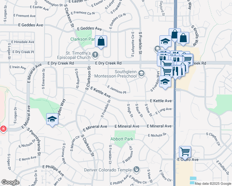 map of restaurants, bars, coffee shops, grocery stores, and more near 1698 East Jamison Place in Centennial