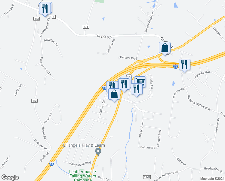 map of restaurants, bars, coffee shops, grocery stores, and more near 14 Landis Court in Falling Waters