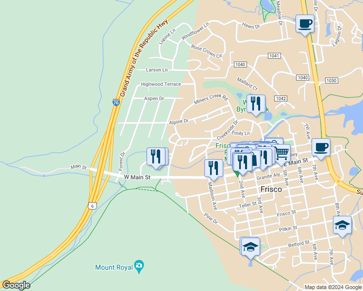 map of restaurants, bars, coffee shops, grocery stores, and more near 2 Creekside Drive in Frisco