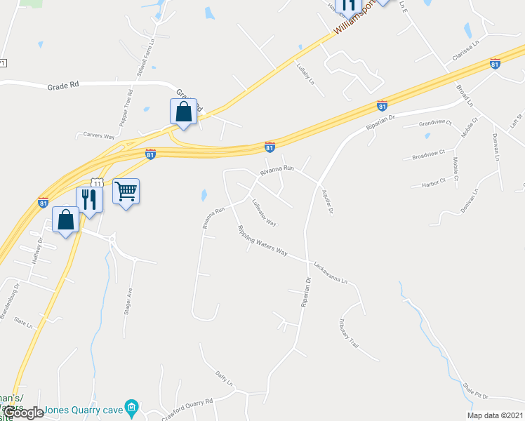map of restaurants, bars, coffee shops, grocery stores, and more near 71 Lullwater Way in Falling Waters