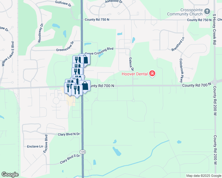 map of restaurants, bars, coffee shops, grocery stores, and more near 1629 County Road 700 North in Greenwood