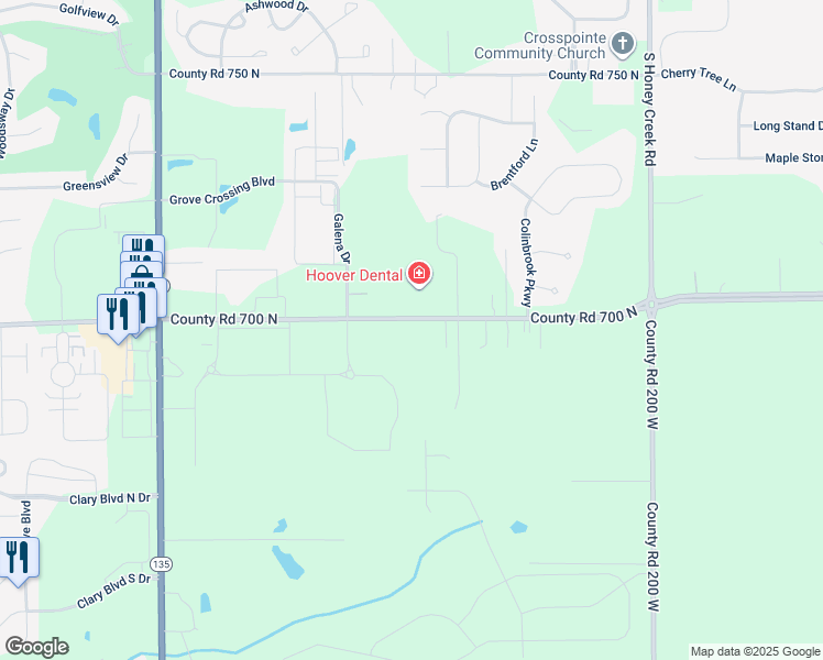 map of restaurants, bars, coffee shops, grocery stores, and more near 1455 County Road 700 North in Greenwood