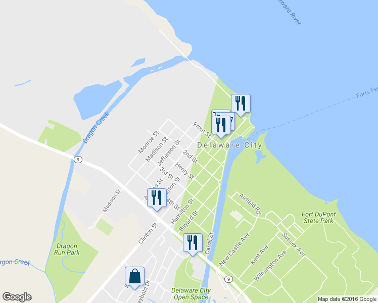map of restaurants, bars, coffee shops, grocery stores, and more near 145 Adams Street in Delaware City
