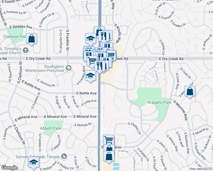 map of restaurants, bars, coffee shops, grocery stores, and more near 7702 South Columbine Street in Centennial