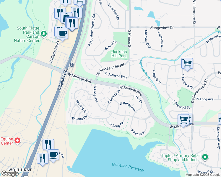 map of restaurants, bars, coffee shops, grocery stores, and more near 7705 South Curtice Way in Littleton