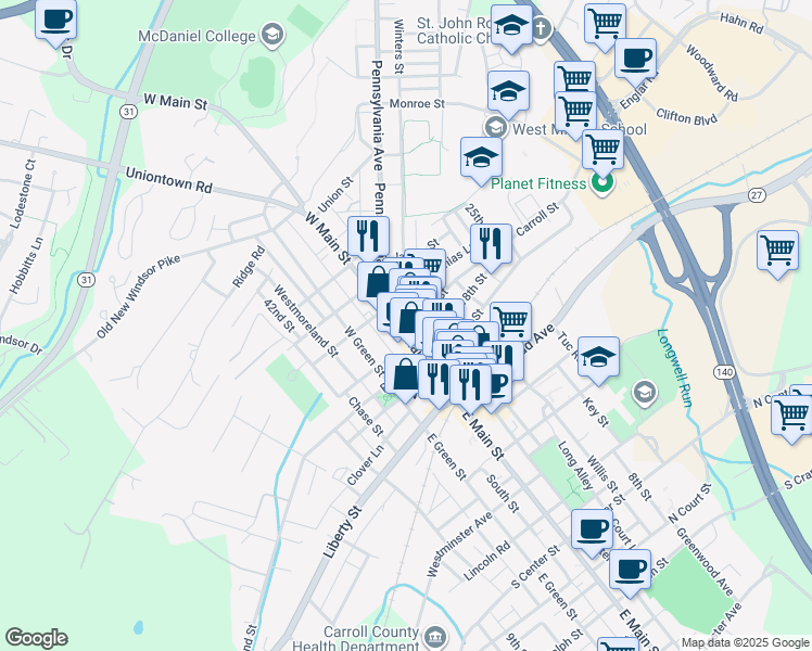 map of restaurants, bars, coffee shops, grocery stores, and more near 80 West Main Street in Westminster