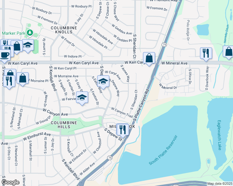 map of restaurants, bars, coffee shops, grocery stores, and more near 7671 South Depew Way in Littleton