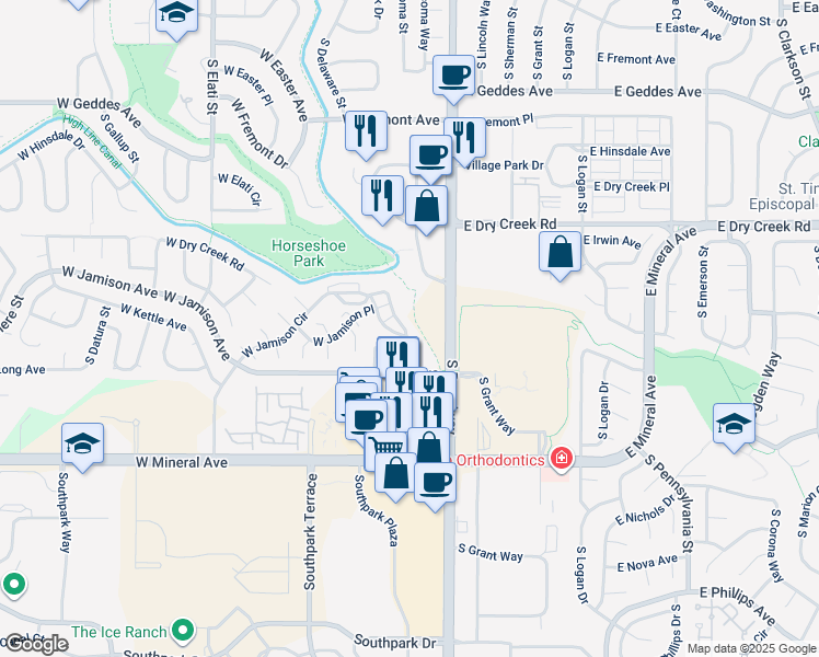 map of restaurants, bars, coffee shops, grocery stores, and more near 221 West Jamison Circle in Littleton