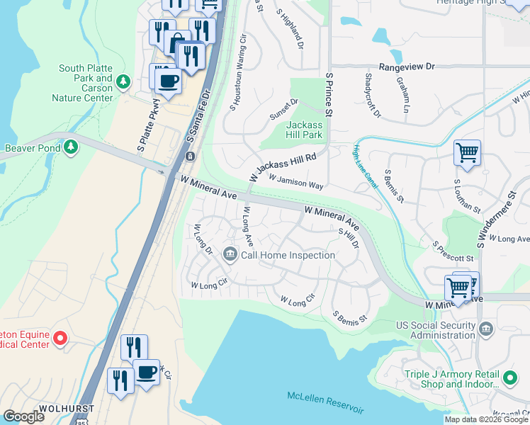 map of restaurants, bars, coffee shops, grocery stores, and more near 2773 West Long Drive in Littleton