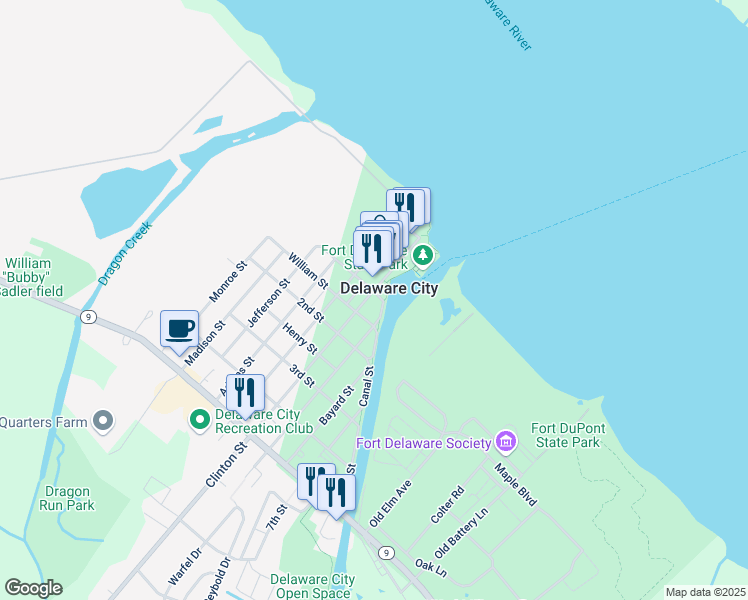 map of restaurants, bars, coffee shops, grocery stores, and more near in Delaware City