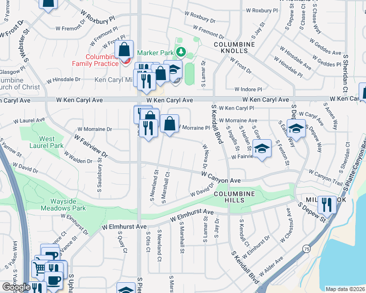 map of restaurants, bars, coffee shops, grocery stores, and more near 7769 South Marshall Street in Littleton